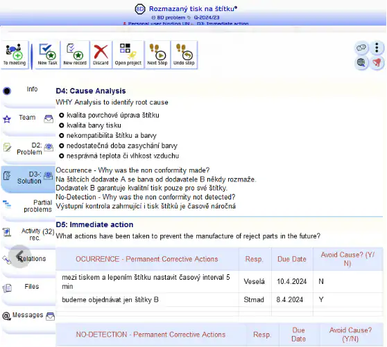 8D analysis - screenshot with report