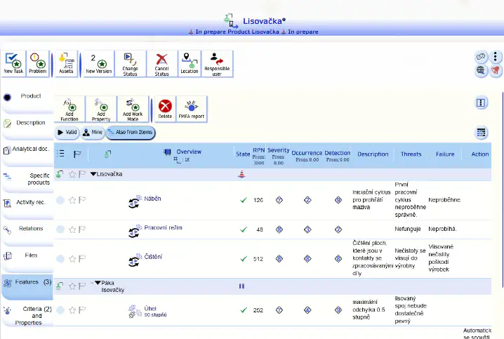 FMEA screenshot systémové podpory